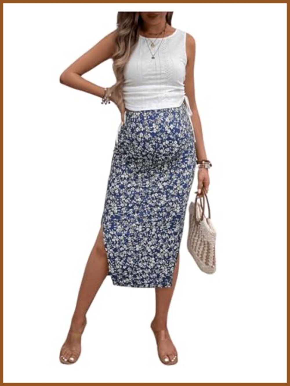 Women Maternity 2 Piece Tank Top & Floral Midi Skirt Set Sleeveless